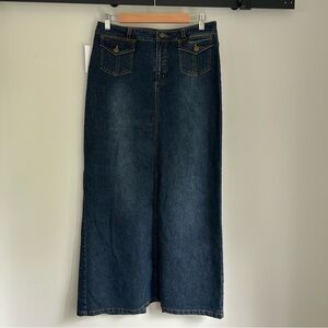 Vintage Denim Jean Long Maxi Straight Skirt Cargo Flap Patch Pockets